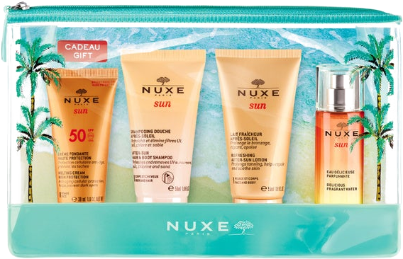 Nuxe Travel Exclusivesunny Travels Pouch Set 10ml + 15ml + 15g + 30ml + 100ml | Duty Free Madrid Airport Shops